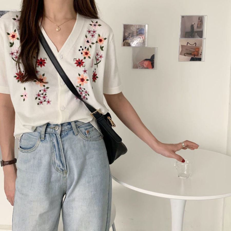 VALENTINO RED 花柄刺繍メッシュ 半袖 トップス