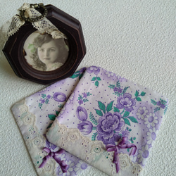 紫お花　ジャーマンファブリックのコースター２枚セット 1枚目の画像