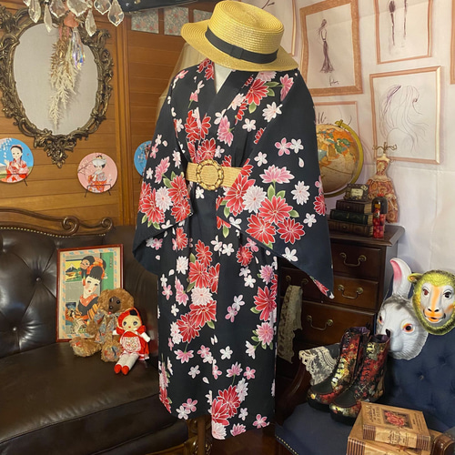 アジア風デザインのロングドレス浴衣リメイクワンピース 浴衣リメイクワンピース アジア風デザインのロングドレス浴衣