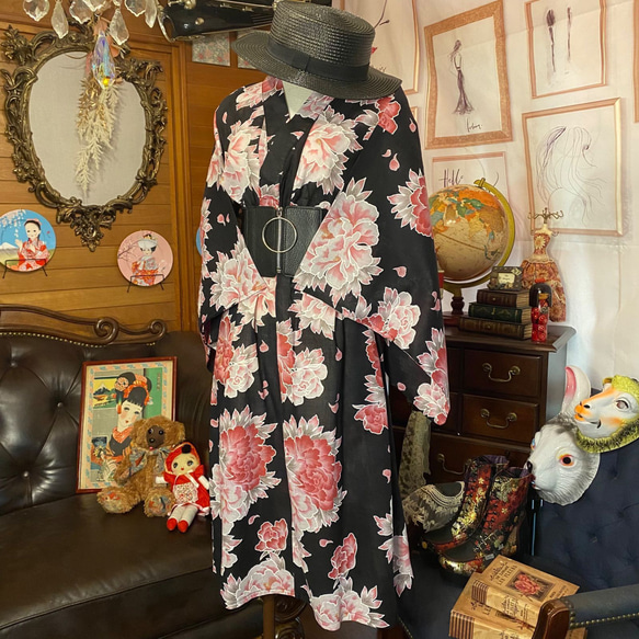 浴衣 ハンドメイド リメイク ワンピース ドレス 古着 和洋折衷 レトロ 和 モダン W-114 5枚目の画像