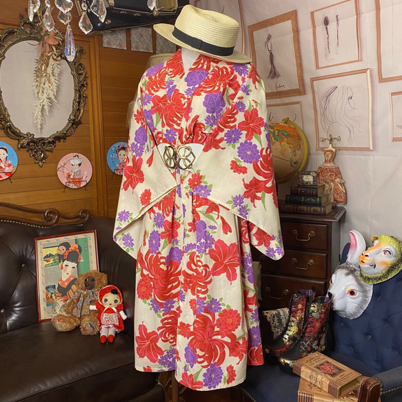 浴衣 ハンドメイド リメイク ワンピース ドレス 古着 和洋折衷 レトロ 和 モダン W-123 5枚目の画像