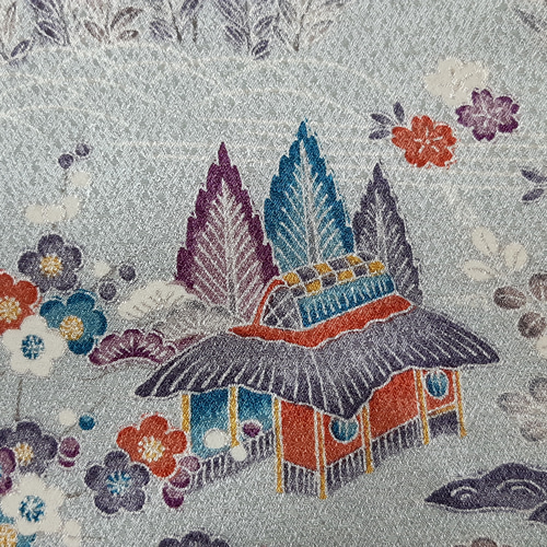 ※着物単品　小紋　フルセット　正絹　トールサイズ　花　くすみ水色　E1 着物単品 小紋 フルセット 正絹 トールサイズ 花 くすみ水色 E1