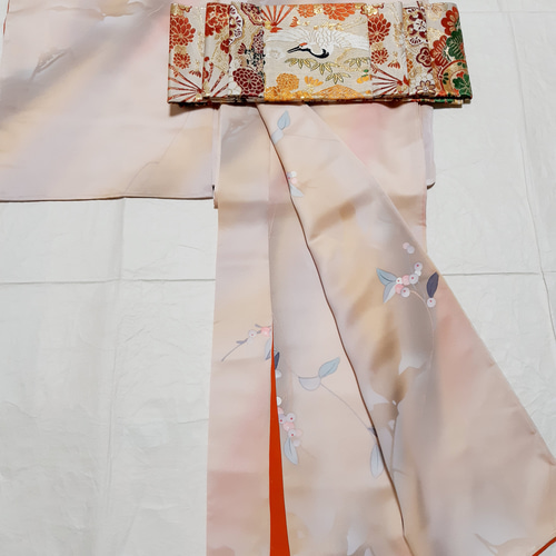 少し細身】ワンタッチ着物 くらわん着物 正絹小紋リメイク 淡桃色  