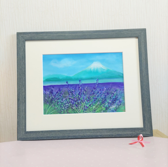 ラベンダー畑と富士山 原画送料無料ガッシュ画 1枚目の画像
