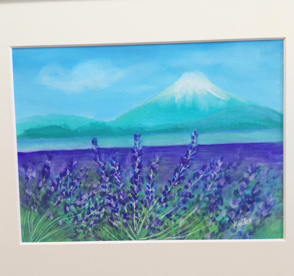 ラベンダー畑と富士山 原画送料無料ガッシュ画 3枚目の画像