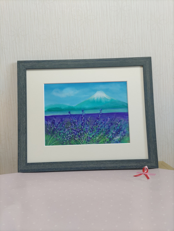 ラベンダー畑と富士山 原画送料無料ガッシュ画 2枚目の画像
