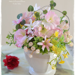 【Creema限定!早割価格】母の日ギフト・優しいピンクのデージー・スイートピー・紫陽花のふんわりラウンドアレンジ 4枚目の画像