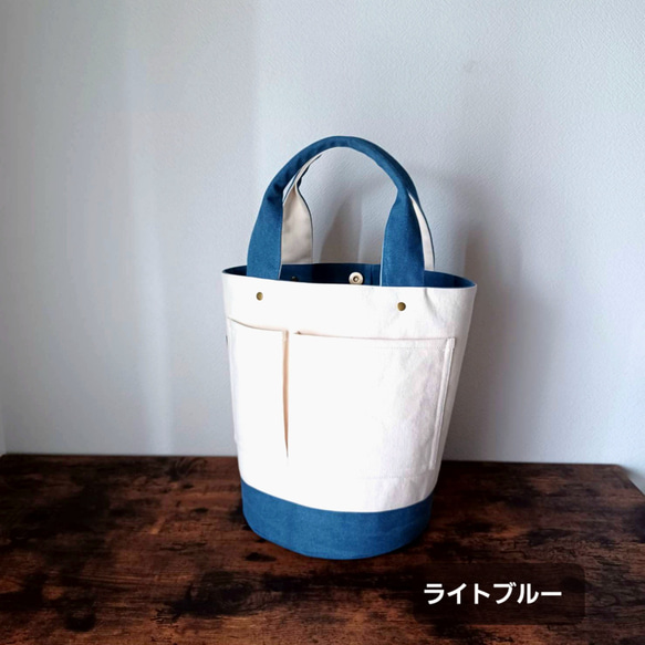 バイカラー 丸底 ポケットいっぱいトートバッグ ピンクヴィンテージ加工帆布×キナリ倉敷帆布 2枚目の画像