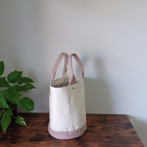バイカラー 丸底 ポケットいっぱいトートバッグ ピンクヴィンテージ  