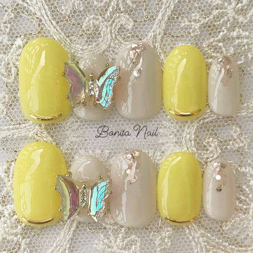 EVERNAIL ネイルチップセット イエロー系 レモンイエローのバタフライネイルチップ ネイルチップ（つけ爪