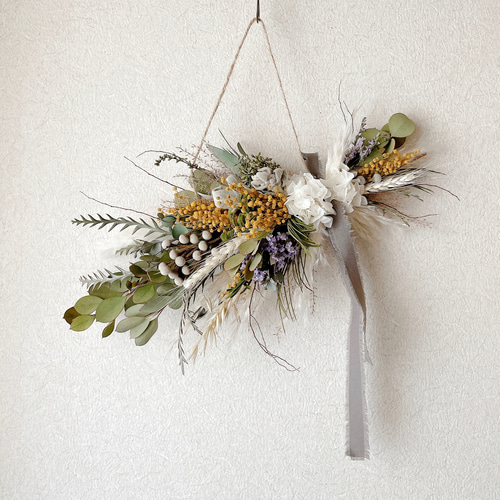 スワッグ(ミモザの木) / ドライフラワー　スワッグ　壁掛け　ミモザ　ユーカリ ミモザとユーカリのスワッグ 横長スワッグ ミモザ ドライフラワー