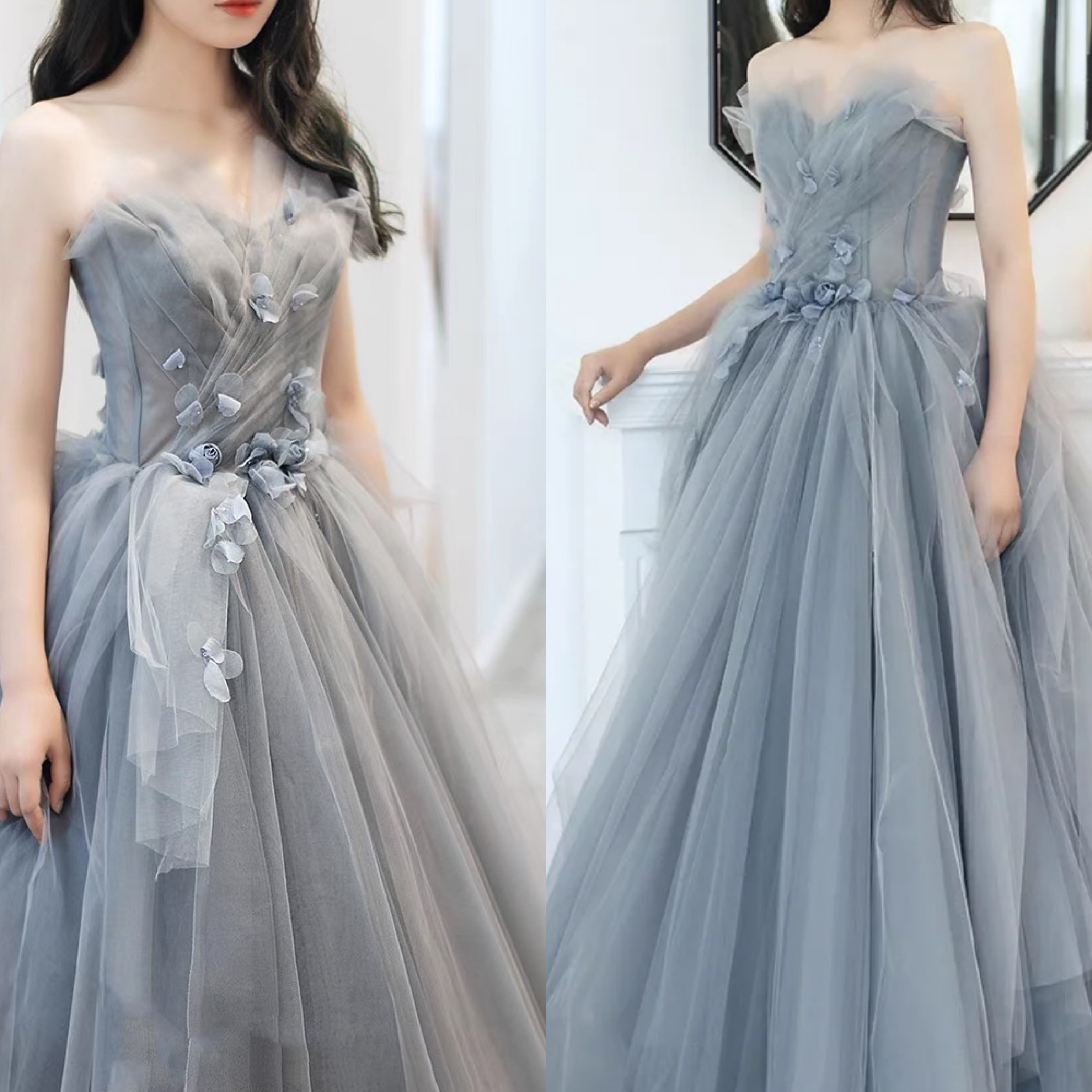 ウェディングドレス　チュールドレス　くすみブルー　二次会　前撮り（WD242163）