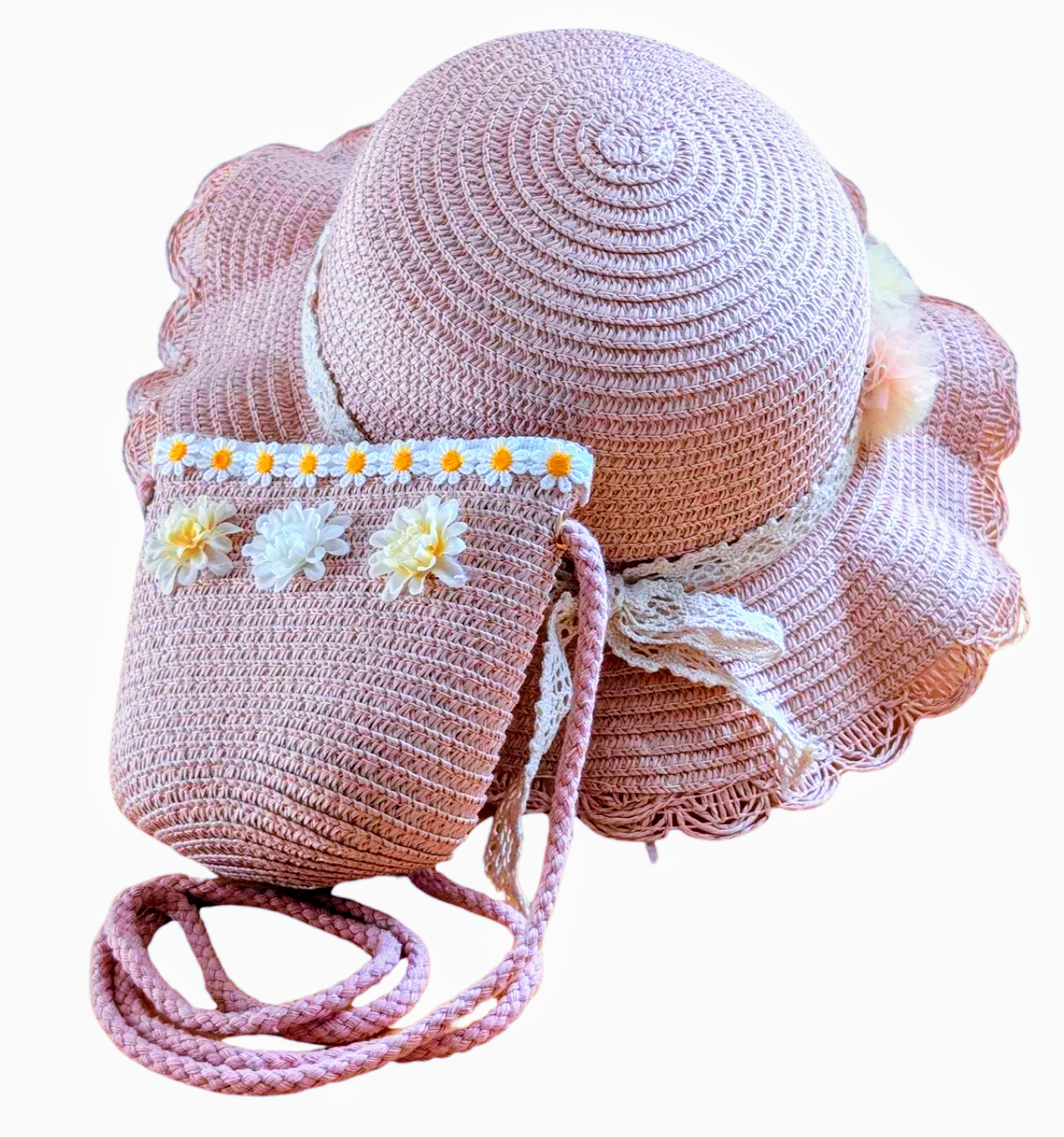 子供用麦わら帽子＋斜め掛けバック、ピンク、女の子 帽子(ベビー