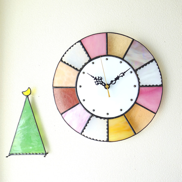 28㎝φ・ステンドグラスの時計（掛時計・置時計）クッキー＊ピンク系2 2枚目の画像