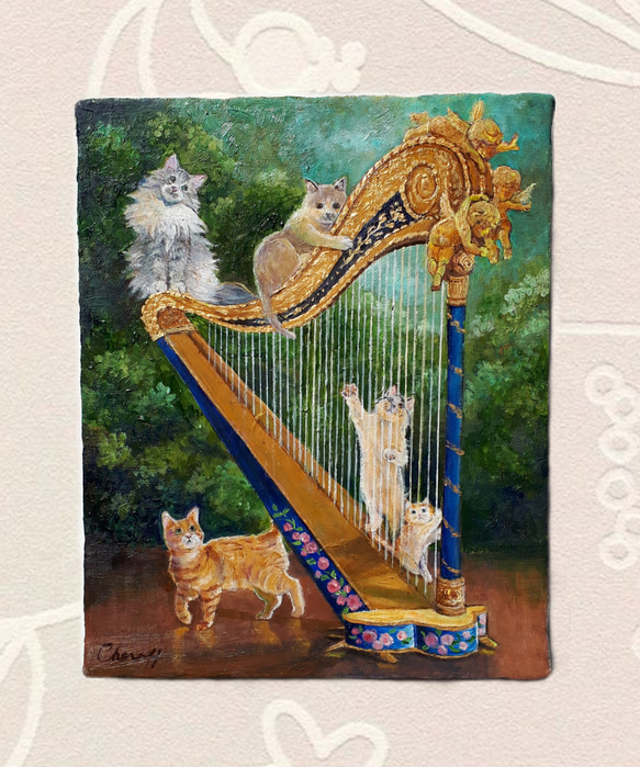 ハープと猫 』 油絵 原画 手描き 絵画 チェリー Cherry 通販 ハープと猫 』 油絵 原画 手描き 絵画 チェリー Cherry 通販
