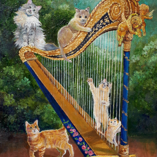 ハープと猫 』 油絵 原画 手描き 絵画 チェリー Cherry 通販