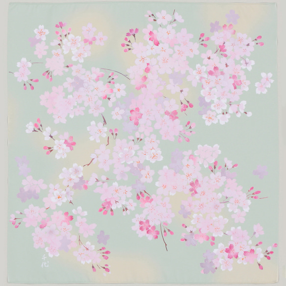 風呂敷　ふろしき　弁当包み　宇野千代　さくら　ふわり桜　グリーン　ポリエステル100％　70cm幅 　ギフト 1枚目の画像