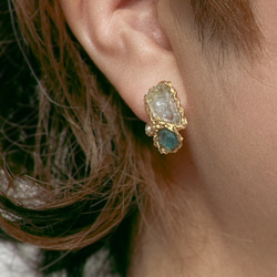 海藍寶磷灰石原石耳環 K18GP 黃銅 第9張的照片