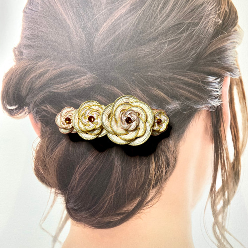 水引バレッタ＃水引髪飾り アイボリーホワイト・オフホワイト色 重ね梅