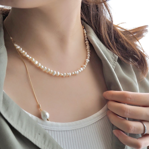 淡水パール》2way スライド ネックレス ゴールド チェーン おしゃれ V  