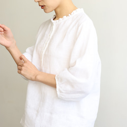 休閒成人可愛的亞麻襯衫 荷葉領 100% 亞麻 白色 240323-1 第10張的照片