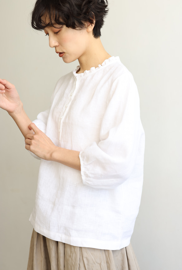 休閒成人可愛的亞麻襯衫 荷葉領 100% 亞麻 白色 240323-1 第10張的照片