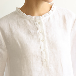 休閒成人可愛的亞麻襯衫 荷葉領 100% 亞麻 白色 240323-1 第12張的照片