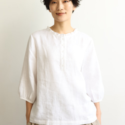 休閒成人可愛的亞麻襯衫 荷葉領 100% 亞麻 白色 240323-1 第3張的照片