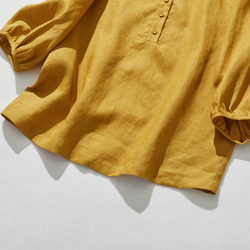 休閒成人可愛的亞麻襯衫，褶邊領口，100%亞麻，深黃色 240323-2 第4張的照片