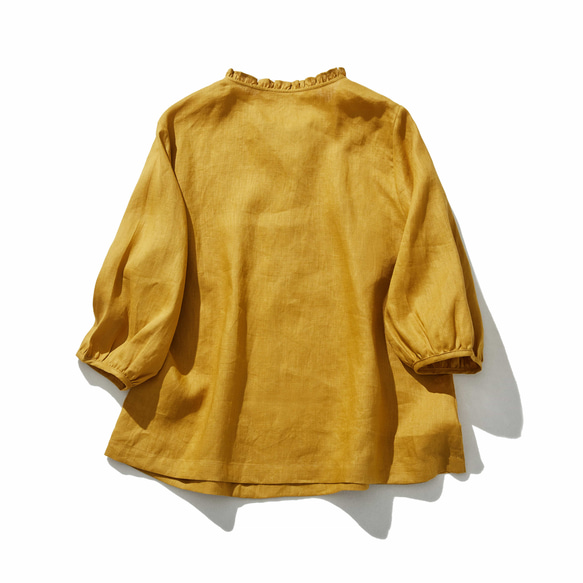 休閒成人可愛的亞麻襯衫，褶邊領口，100%亞麻，深黃色 240323-2 第7張的照片