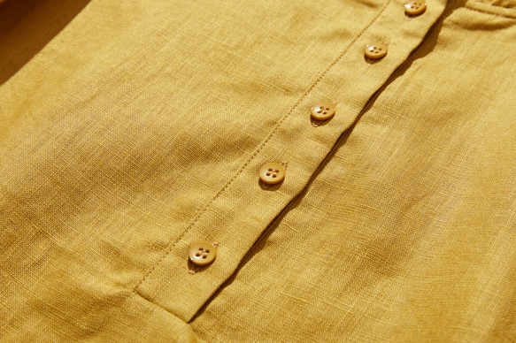 休閒成人可愛的亞麻襯衫，褶邊領口，100%亞麻，深黃色 240323-2 第5張的照片