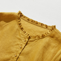 休閒成人可愛的亞麻襯衫，褶邊領口，100%亞麻，深黃色 240323-2 第2張的照片
