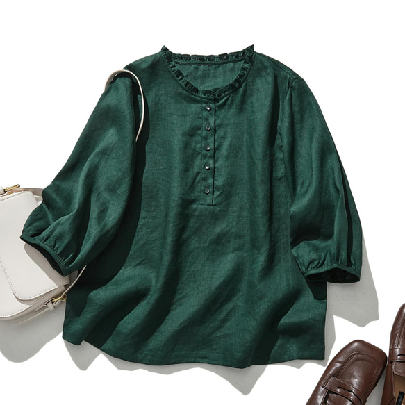 休閒成人可愛的亞麻襯衫，褶邊領口，100%亞麻，深綠色 240323-5 第1張的照片