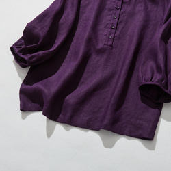 亞麻襯衫，休閒成熟，褶邊領口，100% 亞麻，深紫色 240323-6 第4張的照片