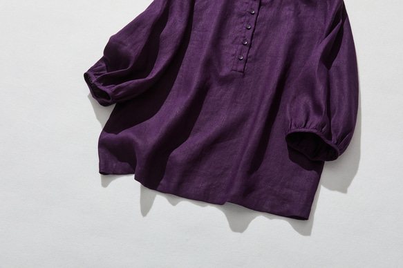 亞麻襯衫，休閒成熟，褶邊領口，100% 亞麻，深紫色 240323-6 第4張的照片