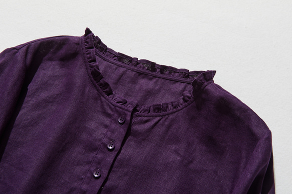 亞麻襯衫，休閒成熟，褶邊領口，100% 亞麻，深紫色 240323-6 第2張的照片