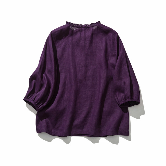 亞麻襯衫，休閒成熟，褶邊領口，100% 亞麻，深紫色 240323-6 第7張的照片