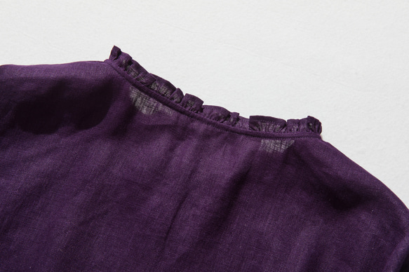 亞麻襯衫，休閒成熟，褶邊領口，100% 亞麻，深紫色 240323-6 第8張的照片