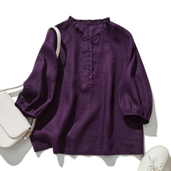亞麻襯衫，休閒成熟，褶邊領口，100% 亞麻，深紫色 240323-6 第1張的照片