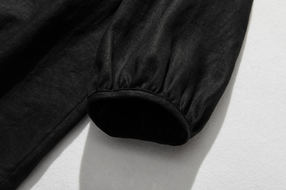 休閒成人可愛風格亞麻襯衫，褶邊領口，100% 亞麻，黑色 240323-7 第6張的照片