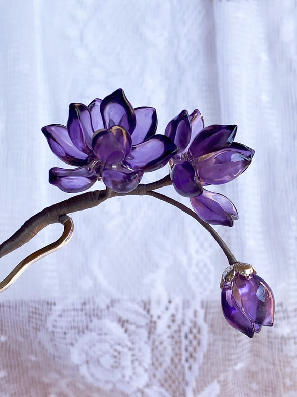 ガラス紫木蓮の二本挿しかんざし(小) 1枚目の画像