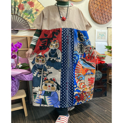 猫柄の手ぬぐいと浴衣の柿渋染めワンピース 手ぬぐいリメイク