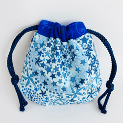 手縫いのミニ巾着袋 ネイビー 黄色い花柄 巾着袋 catandchocolate 通販