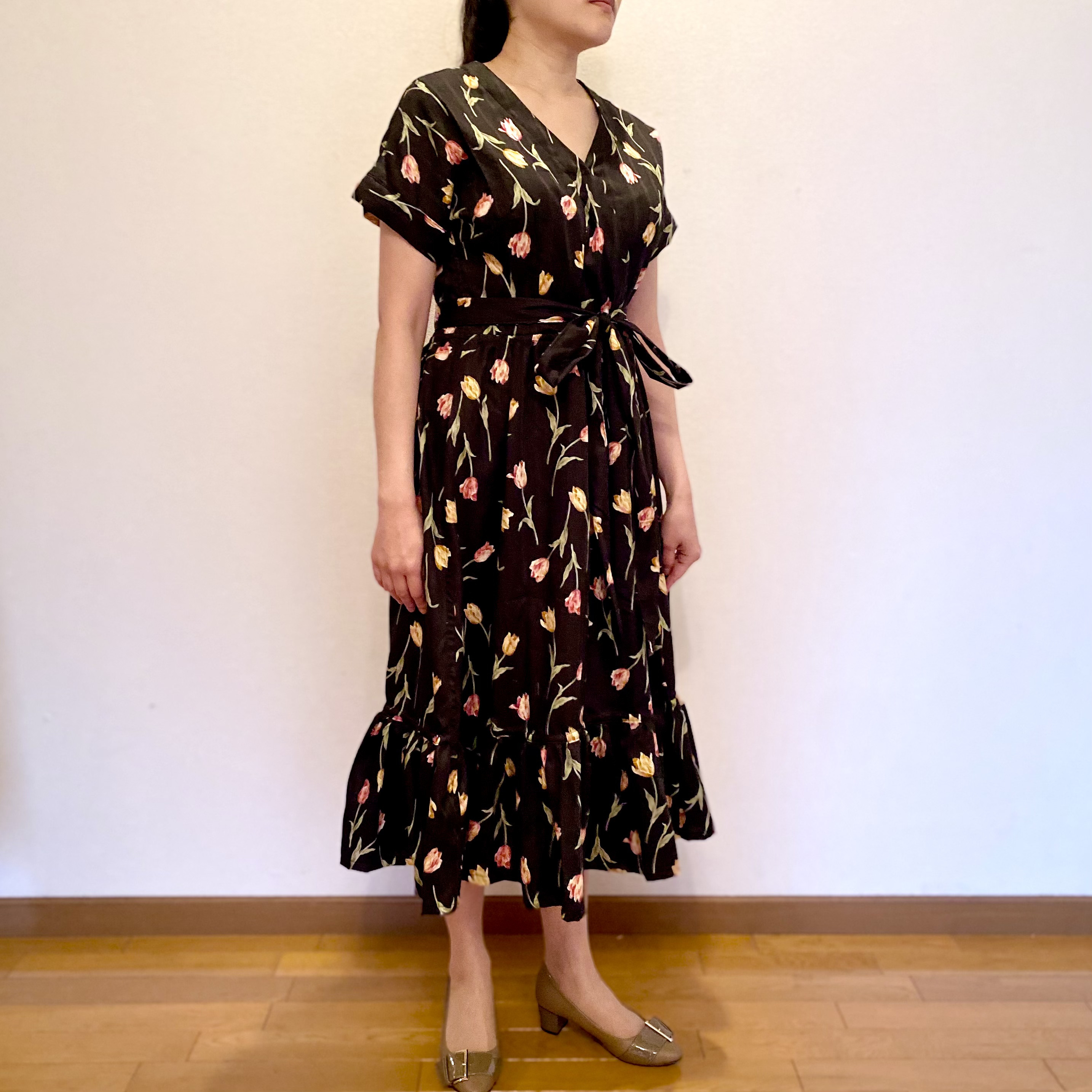 Classic Mode -dress line-| ゆったり細見えラップワンピース｜ブラック｜ハンドメイド｜一点もの