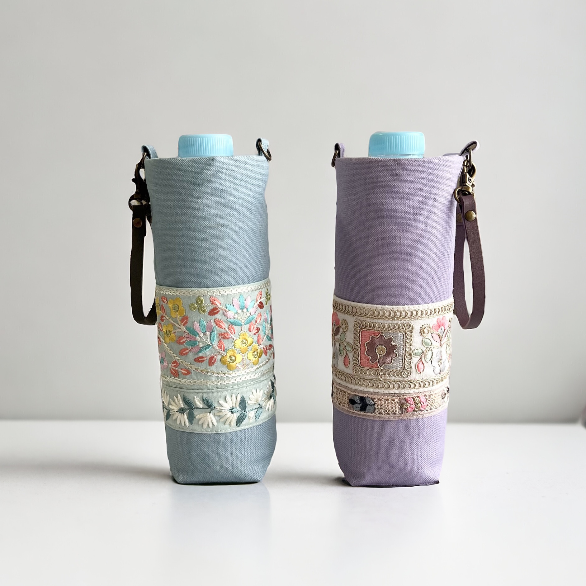 本革持ち手付き/インド刺繍 保冷・保温/ペットボトルケース