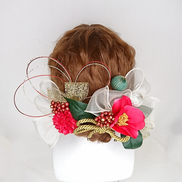 【一点限定】梅と和玉とリボンのヘッドドレス 成人式 卒業式 和装 和装髪飾り 造花 ピンク ゴールド 5枚目の画像