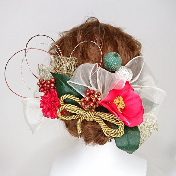 【一点限定】梅と和玉とリボンのヘッドドレス 成人式 卒業式 和装 和装髪飾り 造花 ピンク ゴールド 3枚目の画像