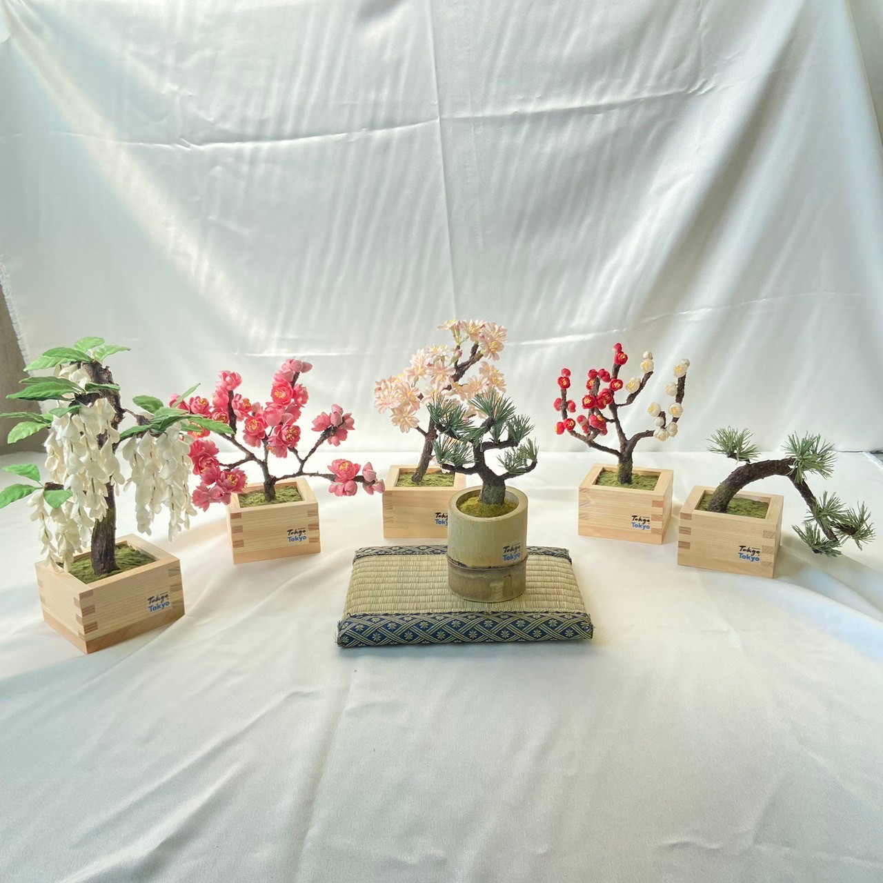 無形文化財手漉き和紙と自然竹を使用した模様松盆栽