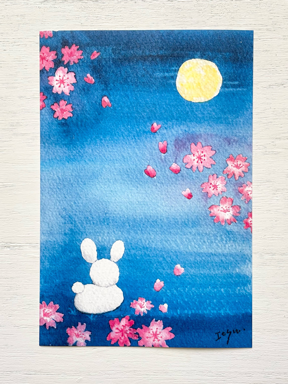 透明水彩画 3枚セット「夜桜」イラスト　ポストカード　桜　さくら　うさぎ　満月　入園入学　母の日　春　花　ギフトカード 2枚目の画像