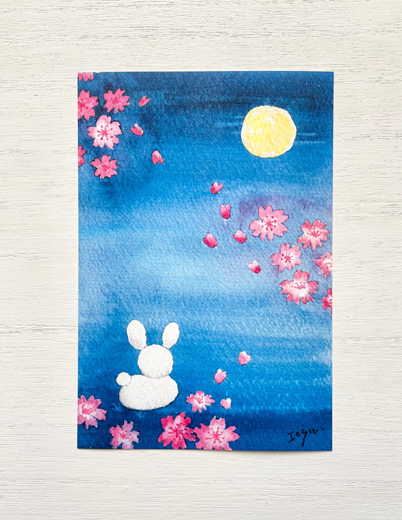 透明水彩画 3枚セット「夜桜」イラスト　ポストカード　桜　さくら　うさぎ　満月　入園入学　母の日　春　花　ギフトカード 1枚目の画像